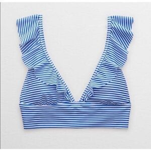 aerie striped ruffle straps v neck longline bikini swim top size S blue/white